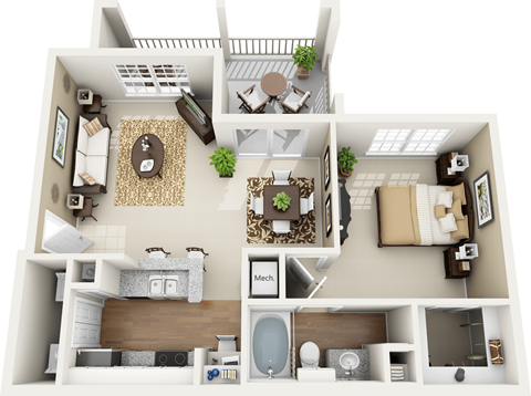 Floor plan for 1 bed, 1 bath, 717 sqft